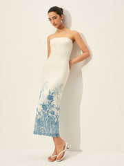 Strapless Mesh Dress With Floral Print Hem