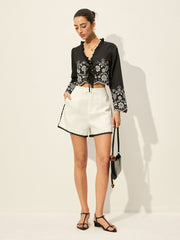 Embroidered Tie-Front Top