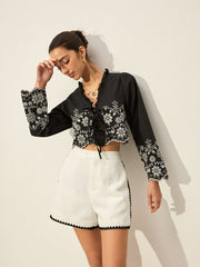 Embroidered Tie-Front Top