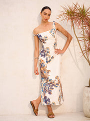 Boho Print Asymmetrical Neck Zipper Split Dress