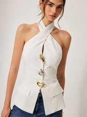 Cotton & Linen Cross-Back Halter Top With Decor Pockets