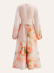 Semi-Sheer Balloon Sleeve Floral Dress With Tie Detail
