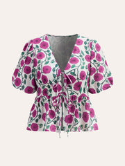 Boho V-Neck Drawstring Puff Sleeve Skirt Set