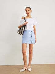 Linen & Cotton Mid-Waist Asymmetrical Decor Button Zipper Skirt