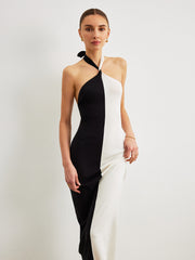 Color Block Halter Knotted Backless Long Dress