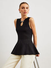 Semi-Sheer Knit Peplum Top With Bow Detail