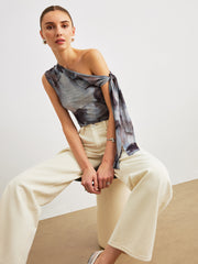 Boho Print Asymmetrical Neck Mesh Draped Blouse