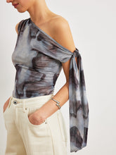 Boho Print Asymmetrical Neck Mesh Draped Blouse