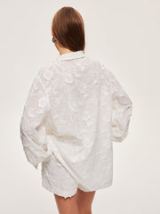 Semi-Sheer Cotton Embroidered Shirt With Shorts Set