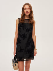 Semi-Sheer Floral Embroidery Mesh Double Layer Sleeveless Dress