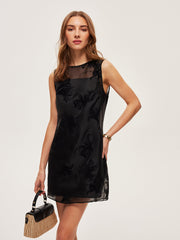Semi-Sheer Floral Embroidery Mesh Double Layer Sleeveless Dress