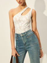 Semi-Sheer One-Shoulder Asymmetrical Cut-Out Embroidery Tank Top