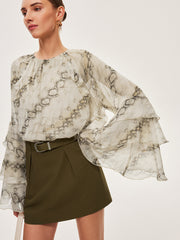 Semi-Sheer Print Ruffle Sleeve Chiffon Blouse