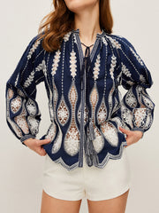 Semi-Sheer Embroidered Tie-Neck Blouse