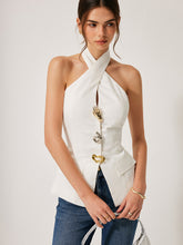 Cotton & Linen Cross-Back Halter Top With Decor Pockets