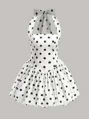 Polka Dot Bow Halter Zipper Dress