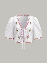 Embroidered Scallop Trim Puff Sleeve Bow Blouse