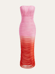 Color Block Gradient Strapless Ruched Mesh Split Dress