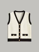 Contrast Trim Metal Button Decor Pocket Sweater Vest