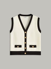 Contrast Trim Metal Button Decor Pocket Sweater Vest