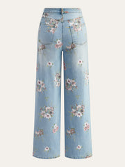 Floral Print Mid-Waist Denim Pants