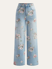 Floral Print Mid-Waist Denim Pants
