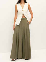 Mid-Waist Pleated Zipper Wide-Leg Pants With Pockets