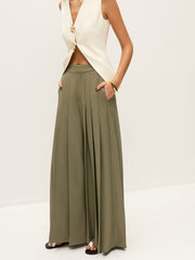 Mid-Waist Pleated Zipper Wide-Leg Pants With Pockets