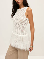 Semi-Sheer Knit Vest With Fringe Hem