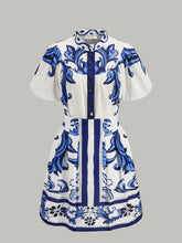 Floral Print Puff Sleeve Skirt Set With Pockets