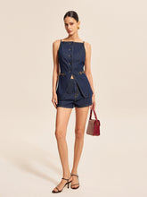 Button Detail Denim Shorts Set With Buckle Accents