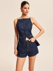Button Detail Denim Shorts Set With Buckle Accents