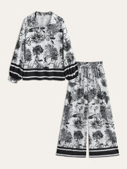 Printed Pants Set With Striped Trim