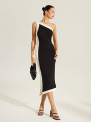Side Tie Color-Block One-Shoulder Knit Dress