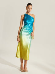Gradient Satin One-Shoulder Dress With Back Twist Detail