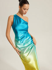 Gradient Satin One-Shoulder Dress With Back Twist Detail