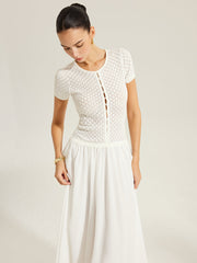 Sheer-Panel Button-Front Knit Dress