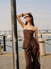 Cotton & Linen Strapless Peplum Top With Tie