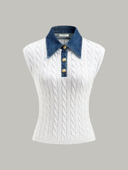 Cotton Denim Collar Knit Top