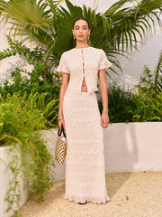 Short Sleeve Buttoned Crop Top With Skirt Set