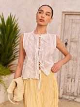 Semi-Sheer Embroidered Lace Tie Blouse