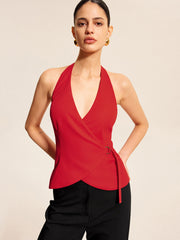 Cotton & Linen Halter Wrap Top With Ring Detail