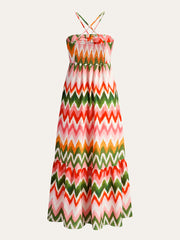 Zigzag Print Ruched Halter Dress