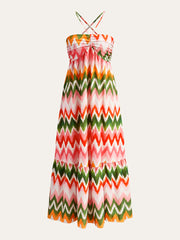 Zigzag Print Ruched Halter Dress