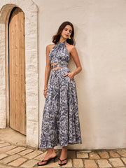 Printed Halter Backless Skirt Set With Tie-Back