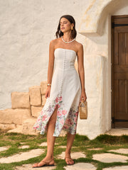 Strapless Floral Print Dress With Decor Buttons