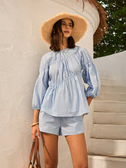 Cotton-Blend Puff Sleeve Top With Shorts Set
