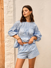Cotton-Blend Puff Sleeve Top With Shorts Set