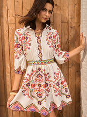 Boho Floral Print Collared Dress