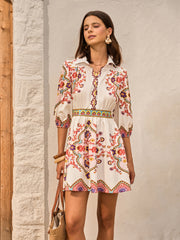 Boho Floral Print Collared Dress